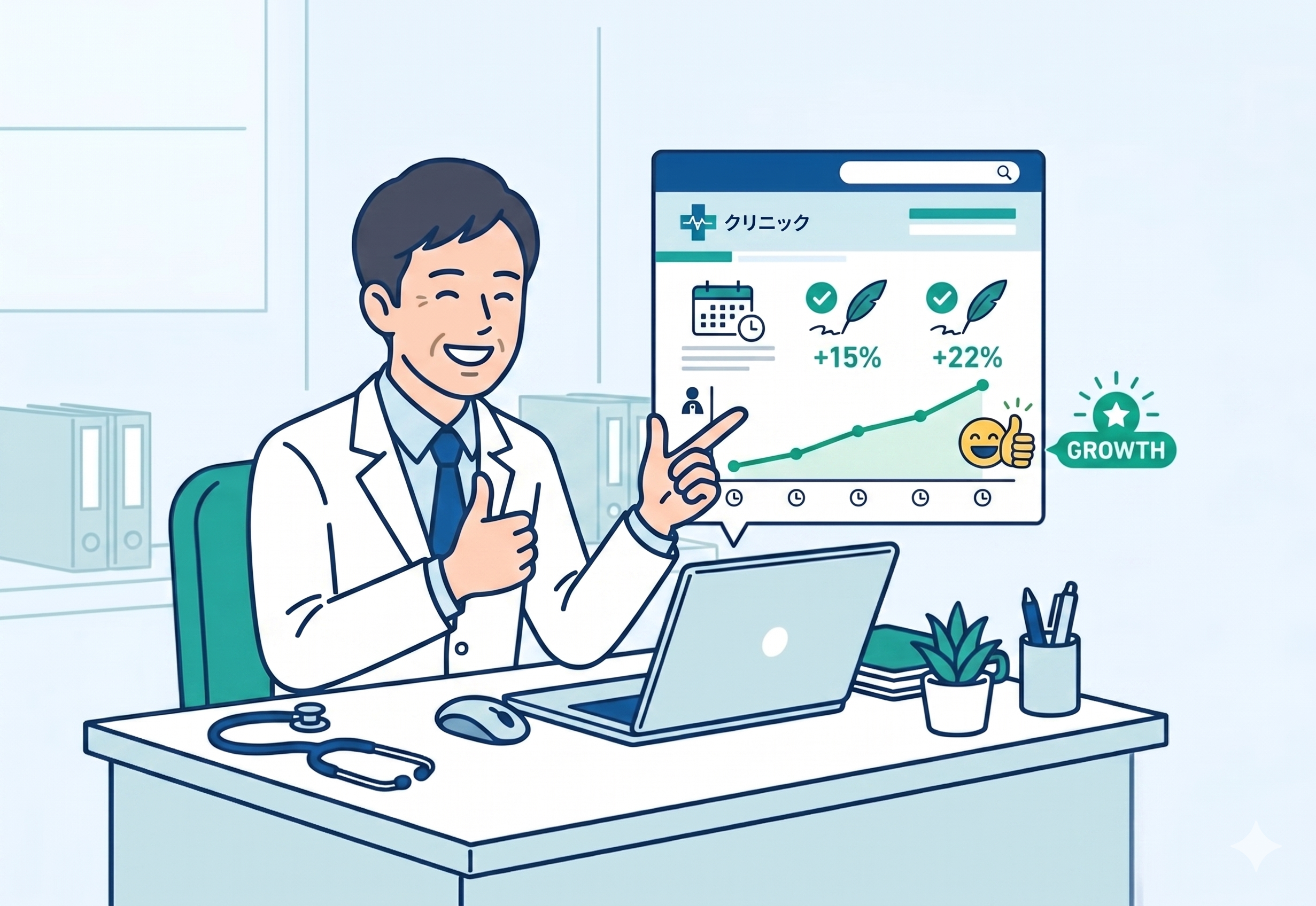 SEOコラム記事や分析レポートを確認しながら、クリニックのWeb集患改善に取り組む医療スタッフと担当者のイラスト