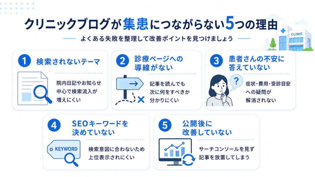 クリニックブログが集患につながらない理由を5つに整理した図解