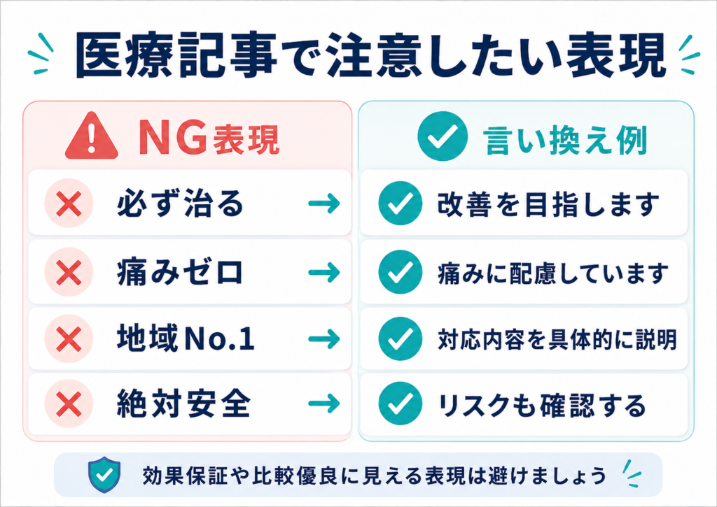 医療記事で避けたい「必ず治る」「痛みゼロ」「地域No.1」「絶対安全」などの表現と、安全な言い換え例を示した図解