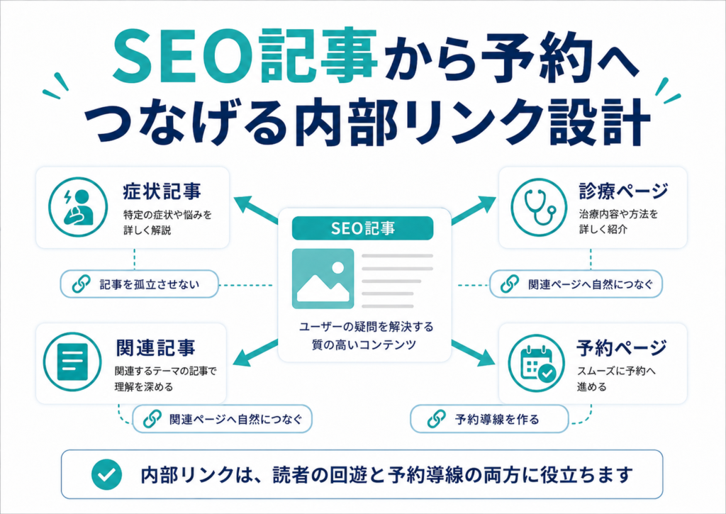 クリニックのSEO記事から症状記事、関連記事、診療ページ、予約ページへ内部リンクでつなぐ導線設計を示した図解