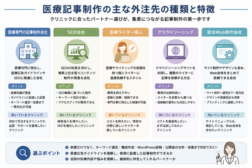 医療記事制作の外注先として、医療専門の記事制作会社、SEO会社、医療ライター個人、クラウドソーシング、総合Web制作会社の特徴を比較した図解